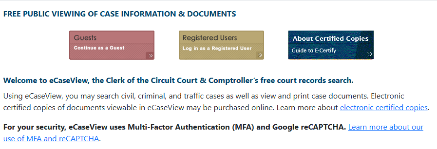 Website landing page with three buttons: Guests, Registered Users and About Certified Copies