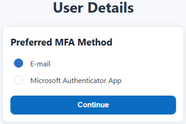 User Details window showing Preferred MFA Method options: Email or Microsoft Authenticator App