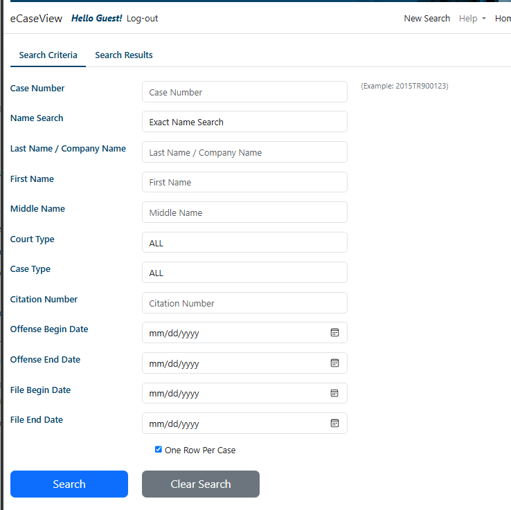Page to enter search parameters