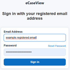 eCaseView Sign In screen with Email Address and Password fields